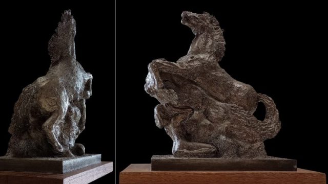 Caballo y mujer en plomo