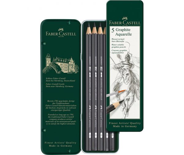 Caja metálica en color verde mostrando los 5 lápices grafito acuarelable de Faber Castell